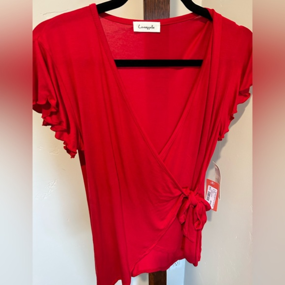 Loveappella Women’s Flutter Sleeve Red WrapTop great for Valentine’s Day NWT M